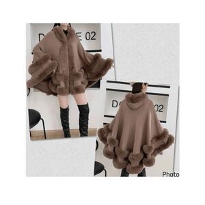 NWT Gorgeous OS Soft Knit Fur Trim Brown Open Hooded  Hood Ruana Cape Poncho